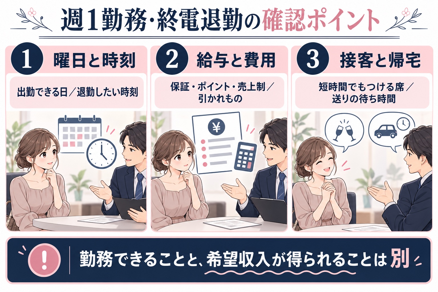週1勤務と終電退勤で確認したい曜日・時刻、給与・費用、接客・帰宅の3項目