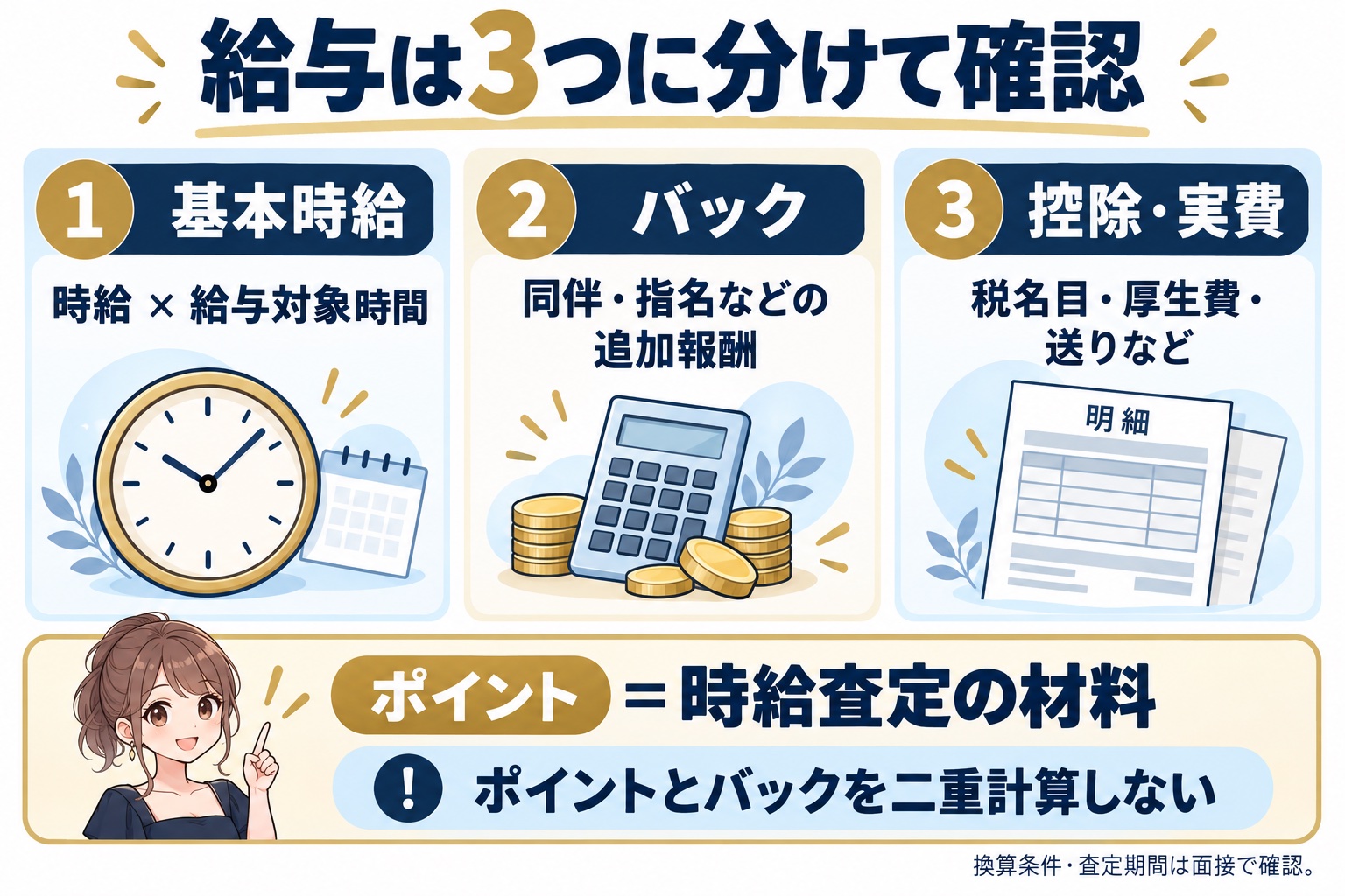 給与は基本時給・バック・控除実費に分け、ポイント査定と二重計算しない図解