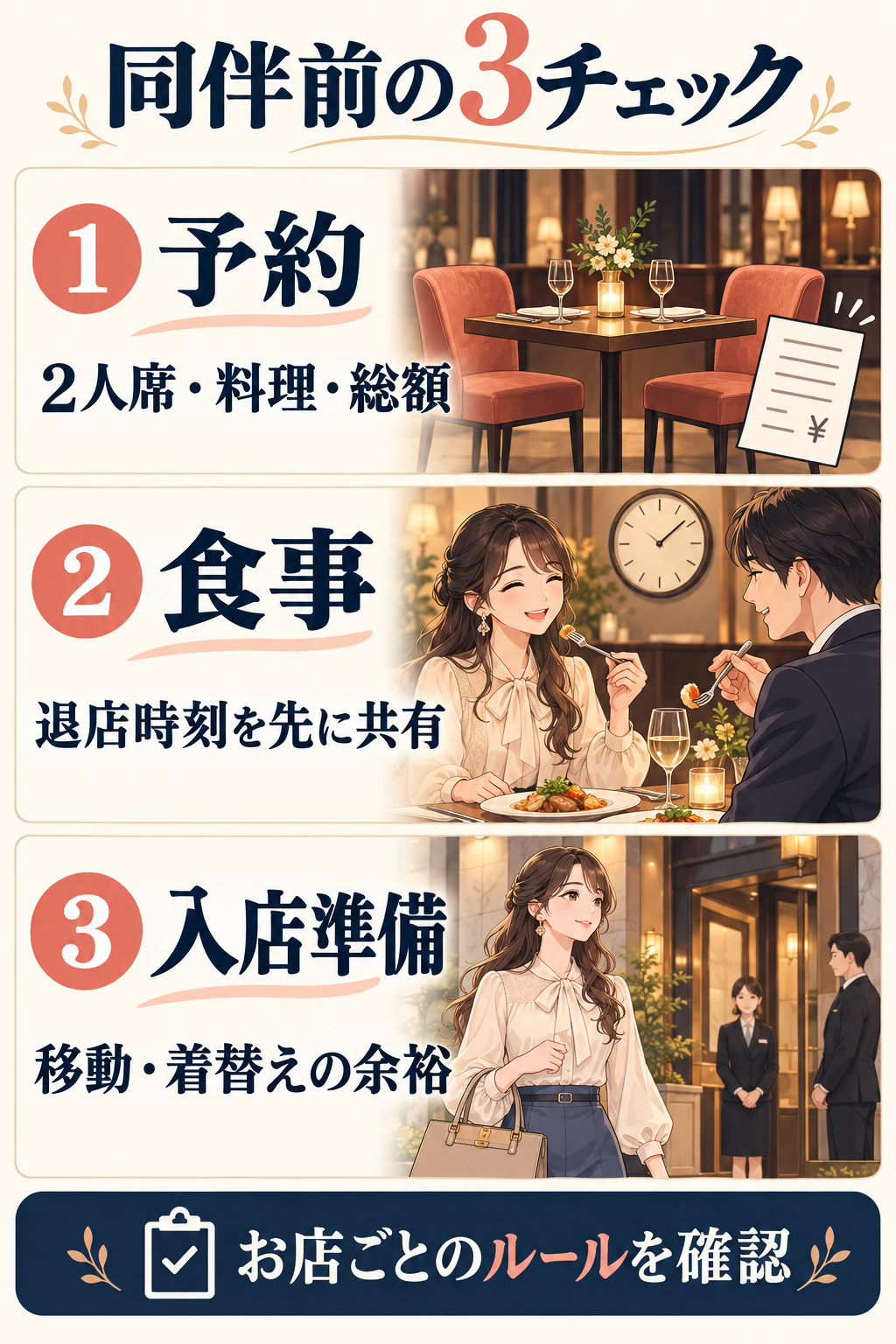 同伴前の3チェック:2人席・料理・総額を予約時に確認し、退店時刻を共有して、移動と着替えの余裕を取る図解