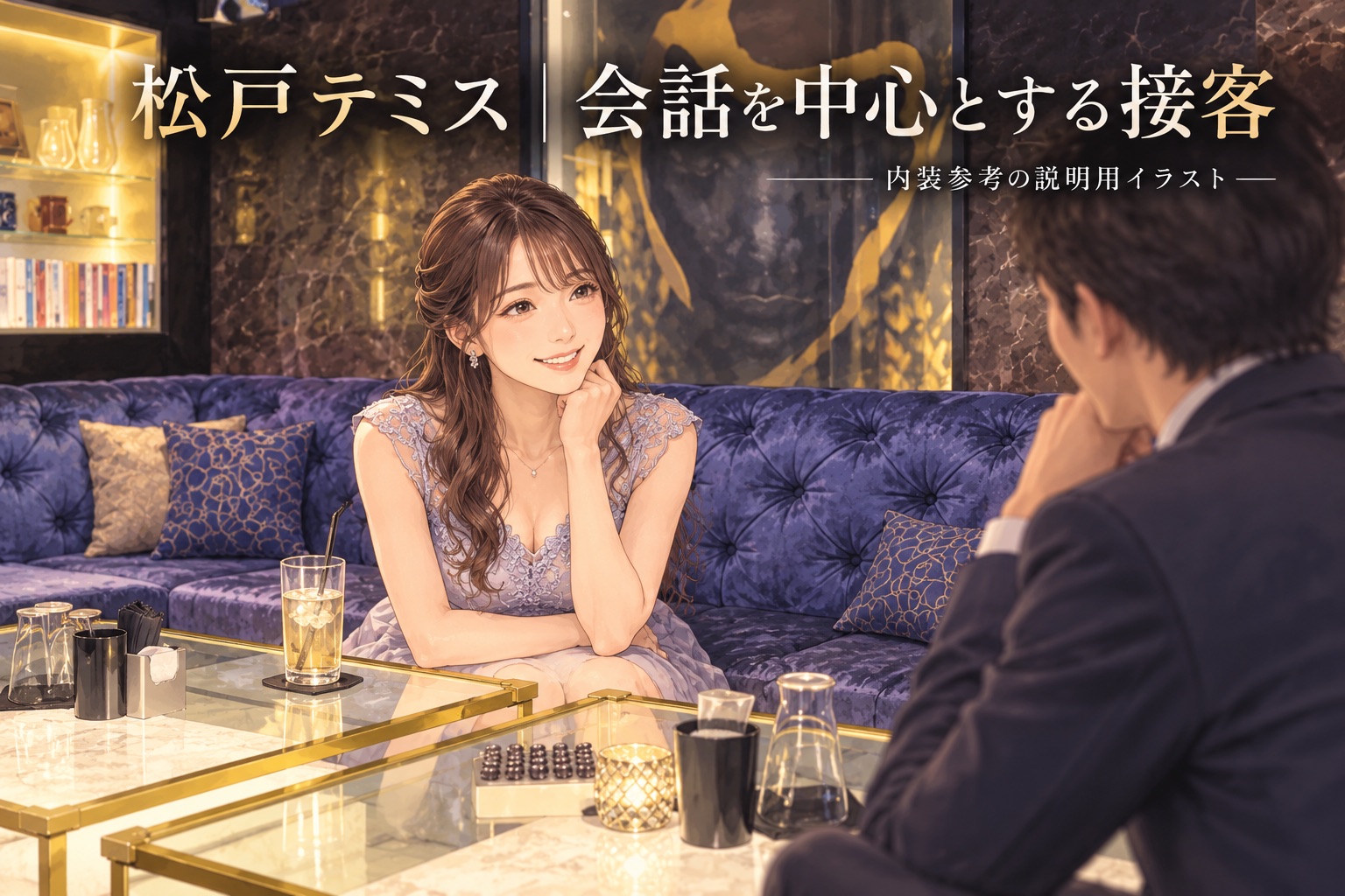 松戸テミスの内装を参考にミナさんが会話を中心に接客する事例を説明したイラスト