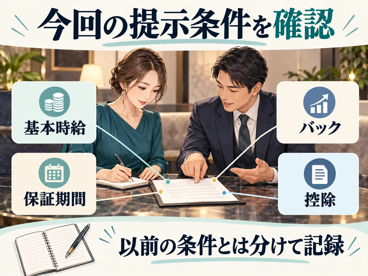 女性がスタッフと基本時給・保証期間・バック・控除の提示条件を確認する説明用イラスト