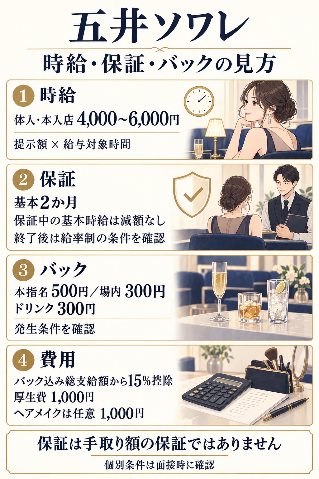五井ソワレの給与を時給・基本2か月の保証・バック・費用に分けた説明図