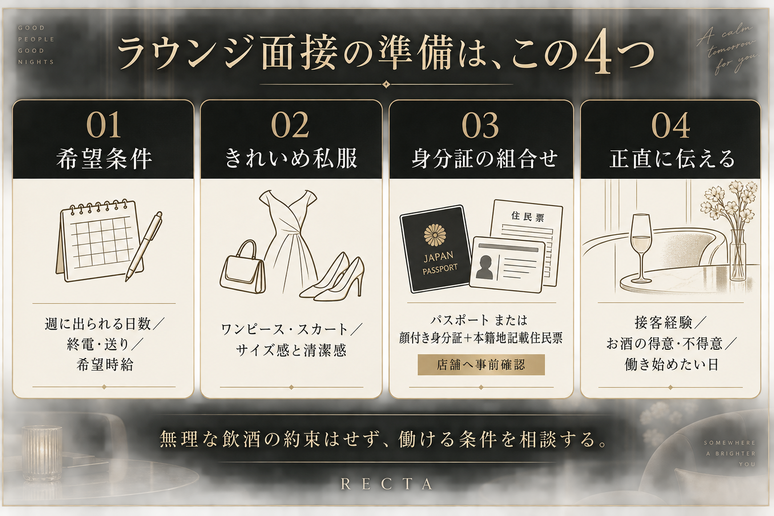 ラウンジ面接の持ち物・服装・希望条件・帰宅方法の準備図解