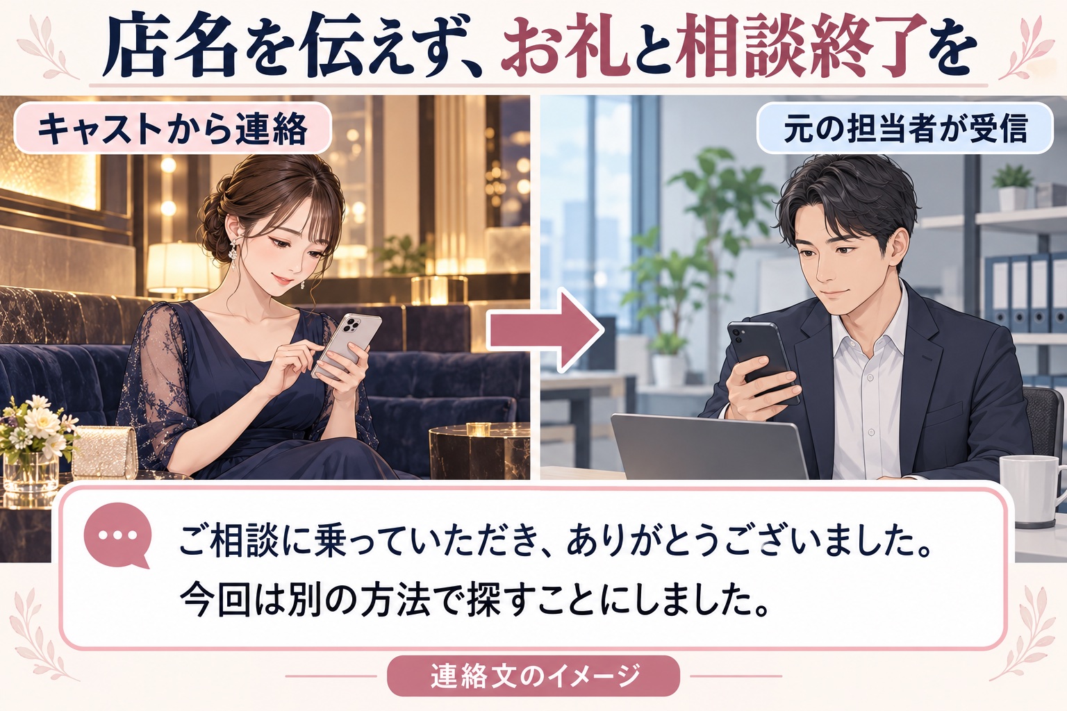 キャバクラの店内から女性がお礼のメッセージを送り、スカウト担当者が受け取るイメージ