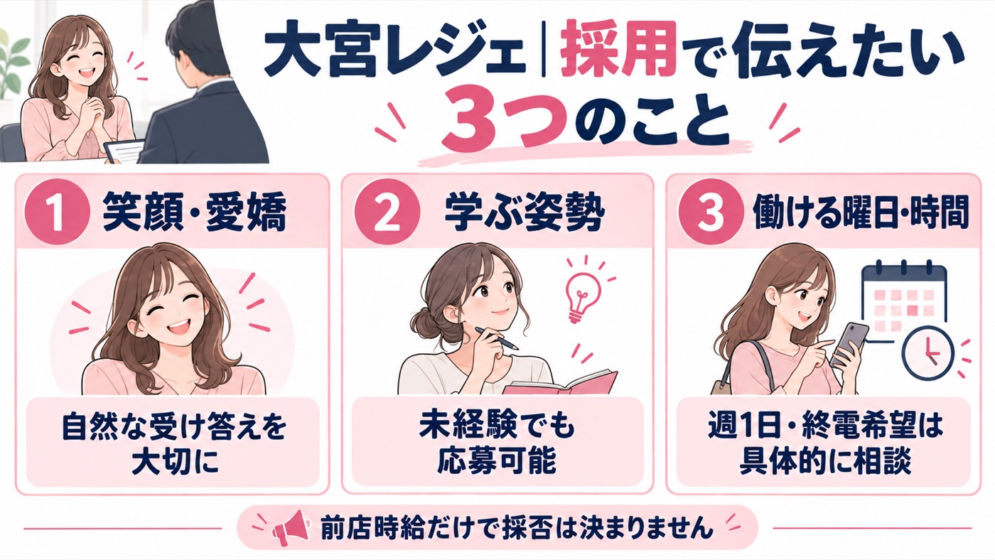 大宮レジェの採用で伝えたい笑顔と愛嬌、学ぶ姿勢、働ける曜日と時間の3項目