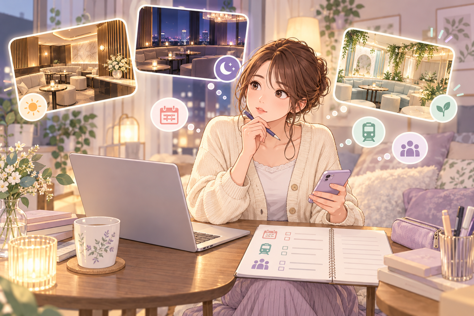 自宅でラウンジの応募先を比較する成人女性のイメージイラスト(AI生成)