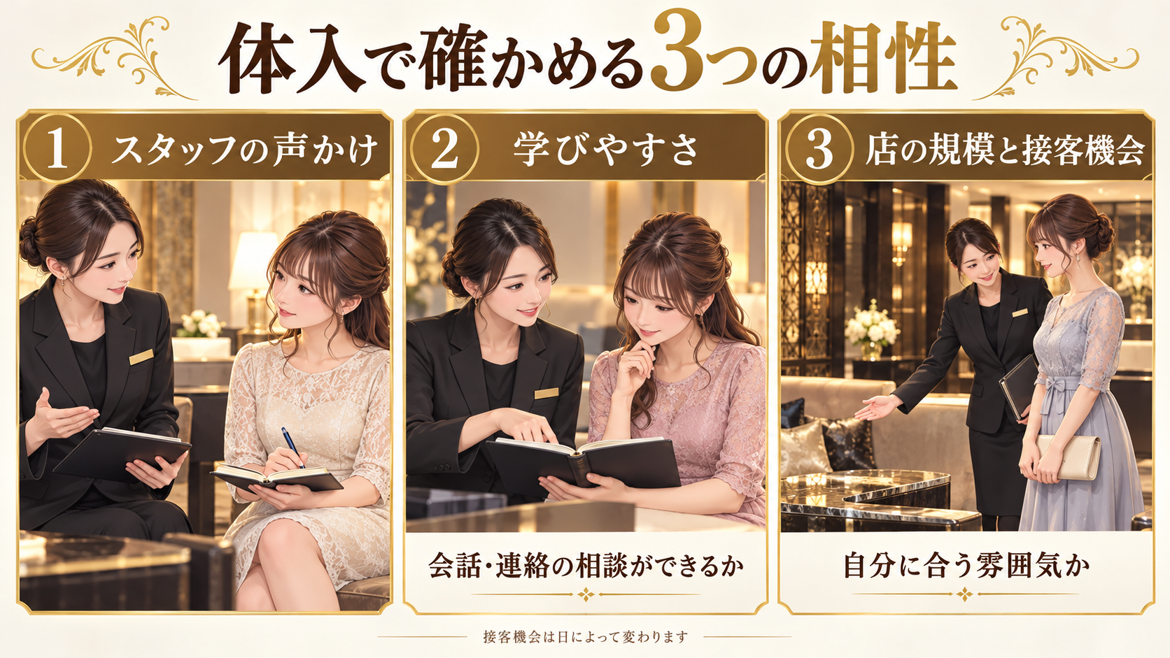 体入ではスタッフの声かけ、学びやすさ、店の雰囲気と接客機会を比較するイラスト