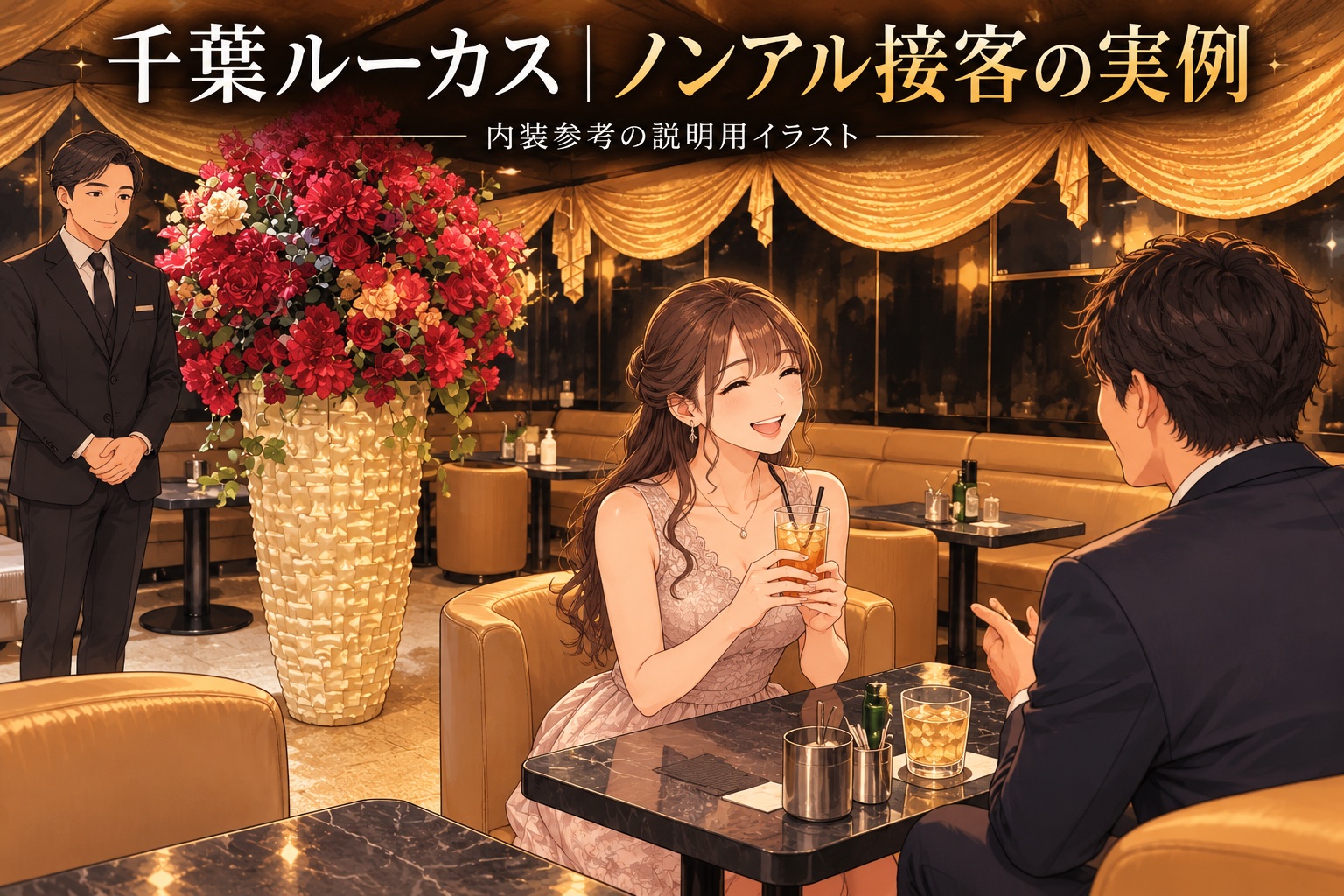 千葉ルーカスの内装を参考にアヤさんのノンアル接客事例を説明したイラスト