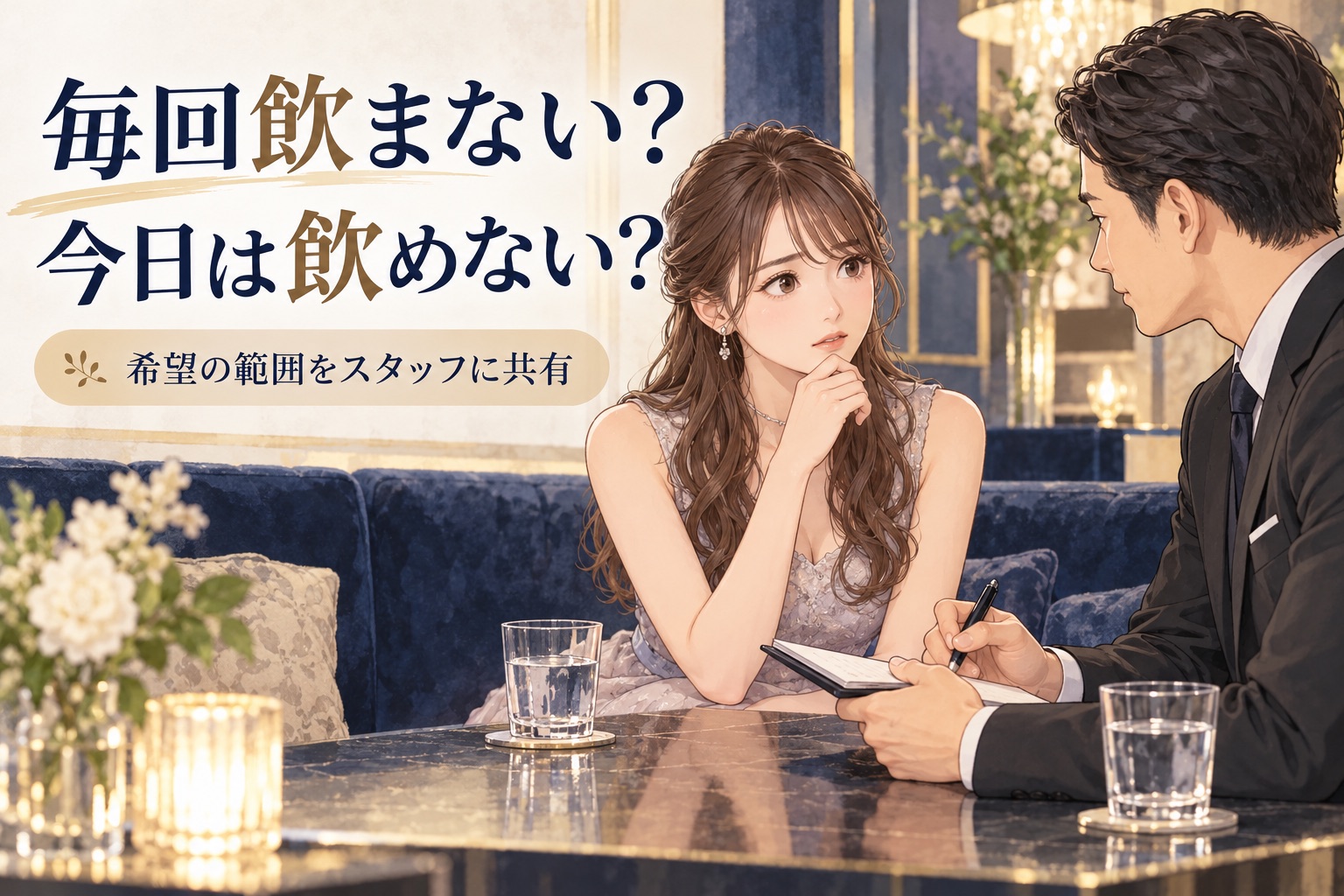 キャバクラ店内で毎回ノンアルか当日だけ飲めないかを黒服へ相談する説明用イラスト