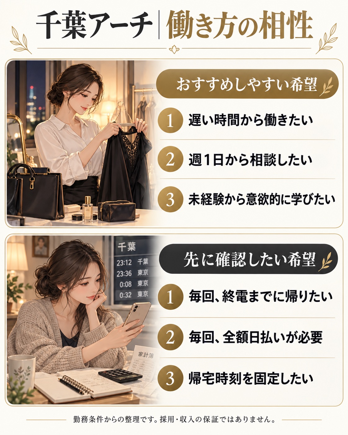 千葉アーチで遅出勤・週1相談を希望する場合と、終電・全額日払い・帰宅時刻固定を優先する場合の比較図