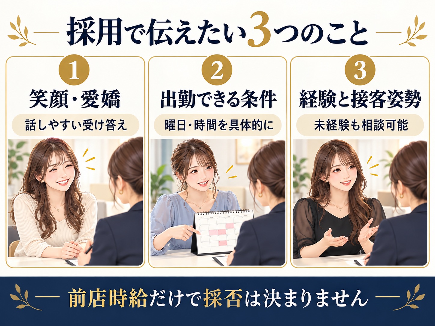 五井ジェネレーションの採用で伝える笑顔・愛嬌、出勤条件、経験と接客姿勢の図解
