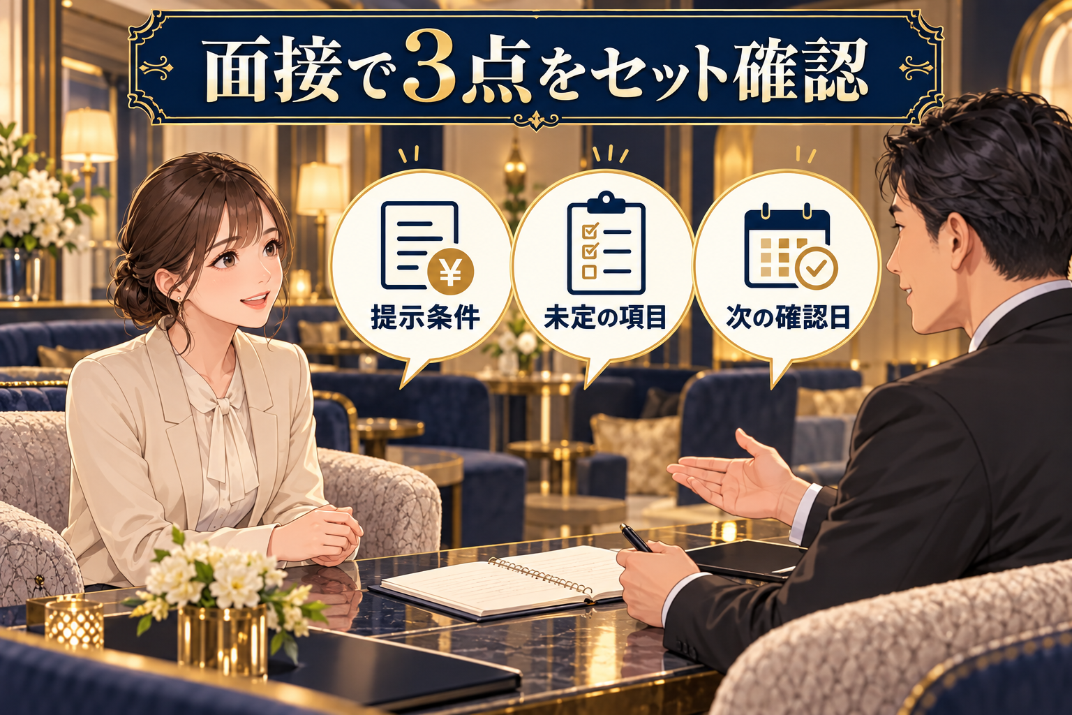 新店の面接で女性と黒服スタッフが提示条件・未定の項目・次の確認日を話し合う説明用イラスト