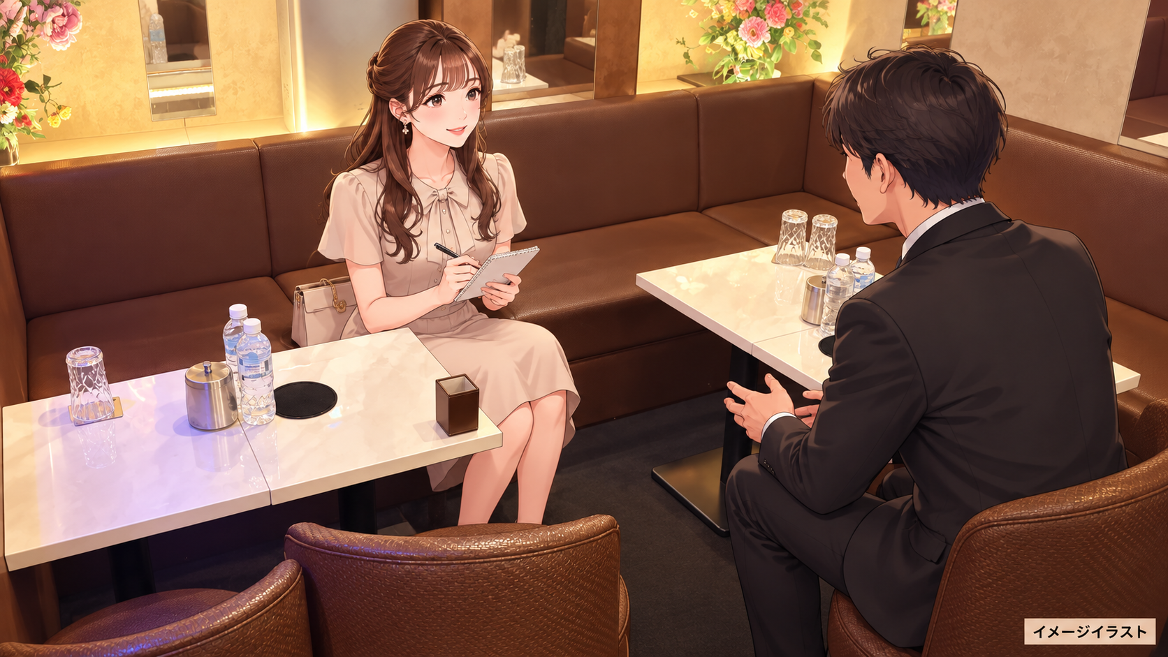 リリィの店内写真を参考に、面接後に成人女性と黒服スタッフが話す場面を描いた説明用イラスト