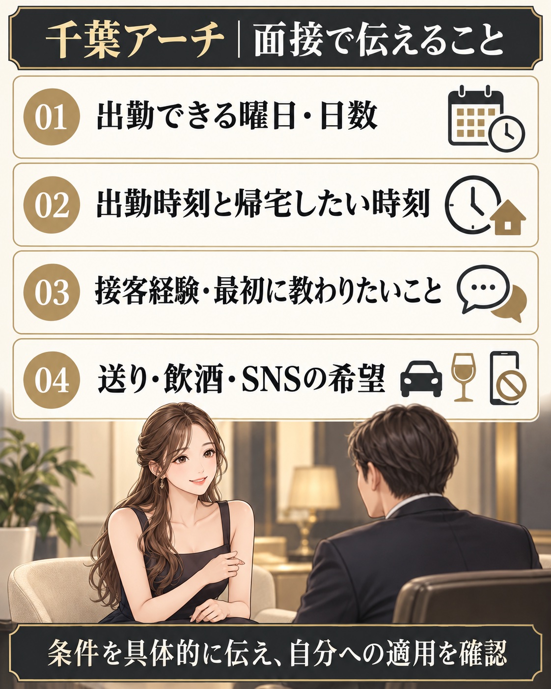 千葉アーチの面接で伝える曜日・時刻・経験・勤務希望の4項目を示したイラスト