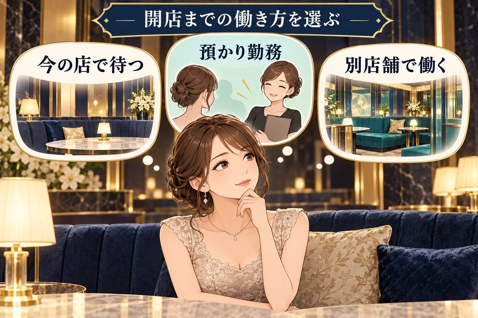 キャバクラ店内で女性が、今の店で待つ・預かり勤務・別店舗で働く選択肢を考える説明用イラスト