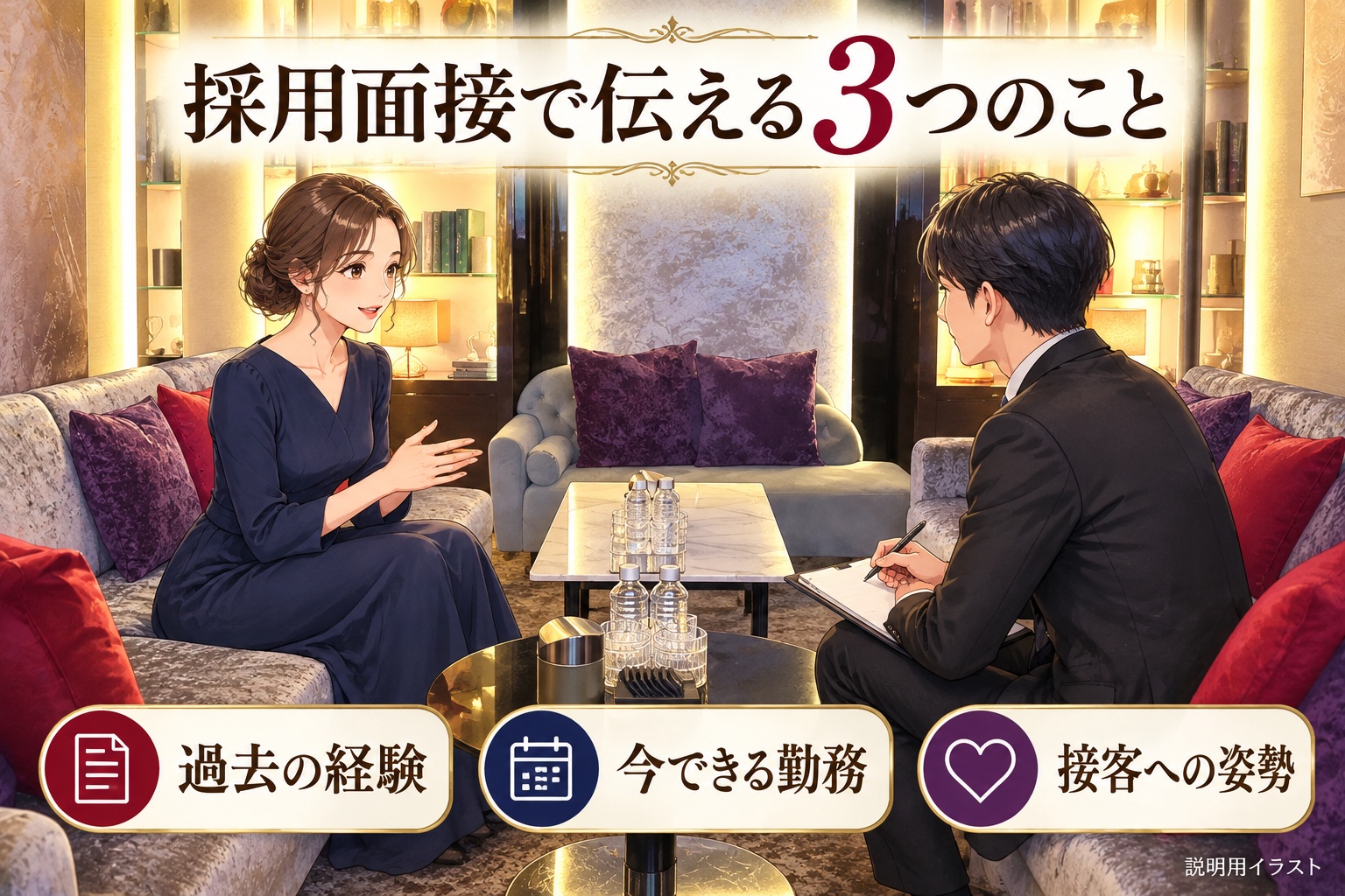 採用面接で過去の経験・今できる勤務・接客への姿勢を伝える説明用イラスト