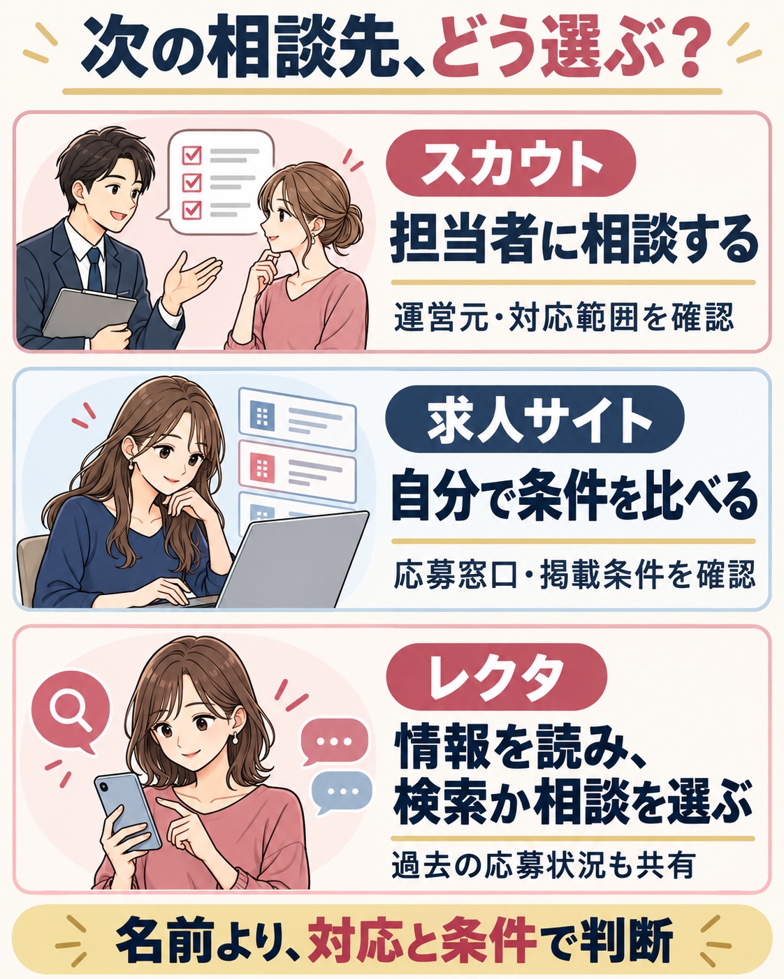 スカウト・求人サイト・レクタの始め方と確認点を比べた図