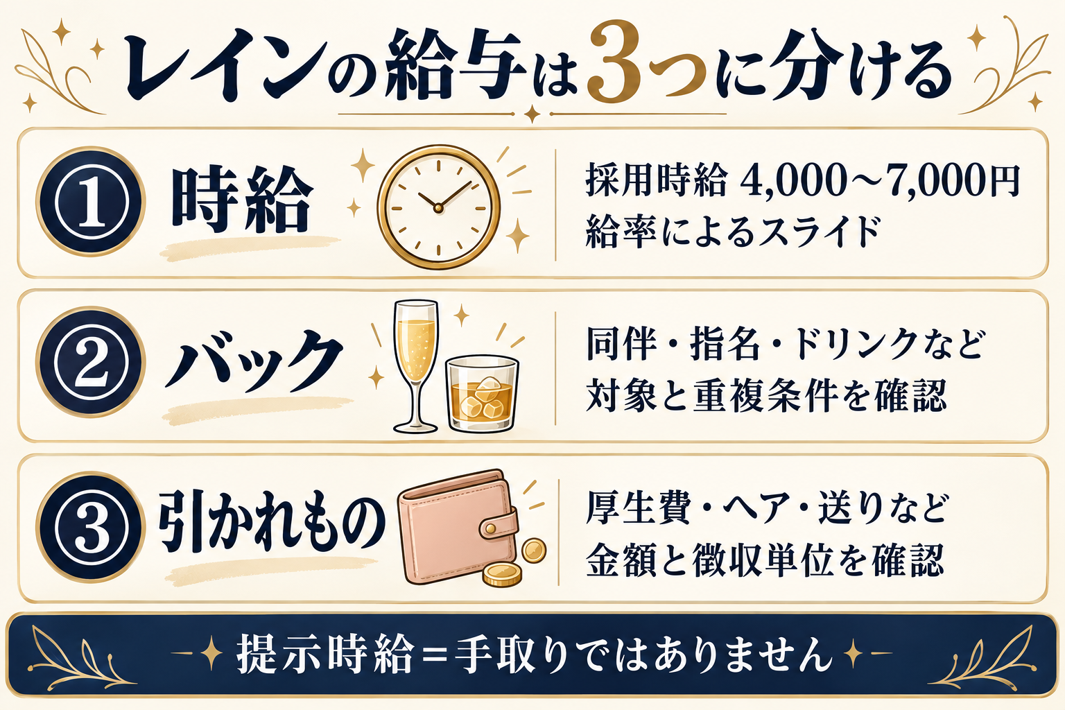 レインの給与を時給・バック・引かれものの3つに分けた図解