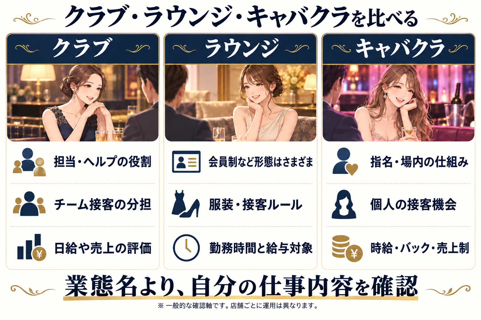 クラブ・ラウンジ・キャバクラの担当、接客、給与を比較する確認軸