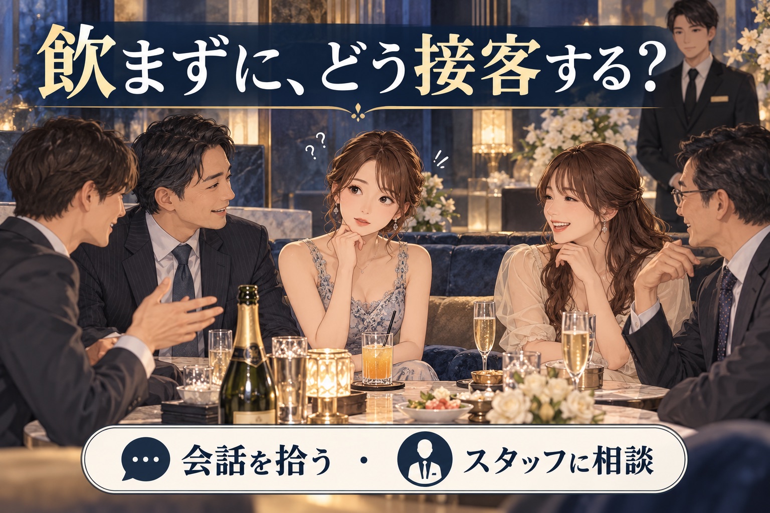 キャバクラの団体席で接客方法に迷う女性とスタッフへの相談を示した説明用イラスト