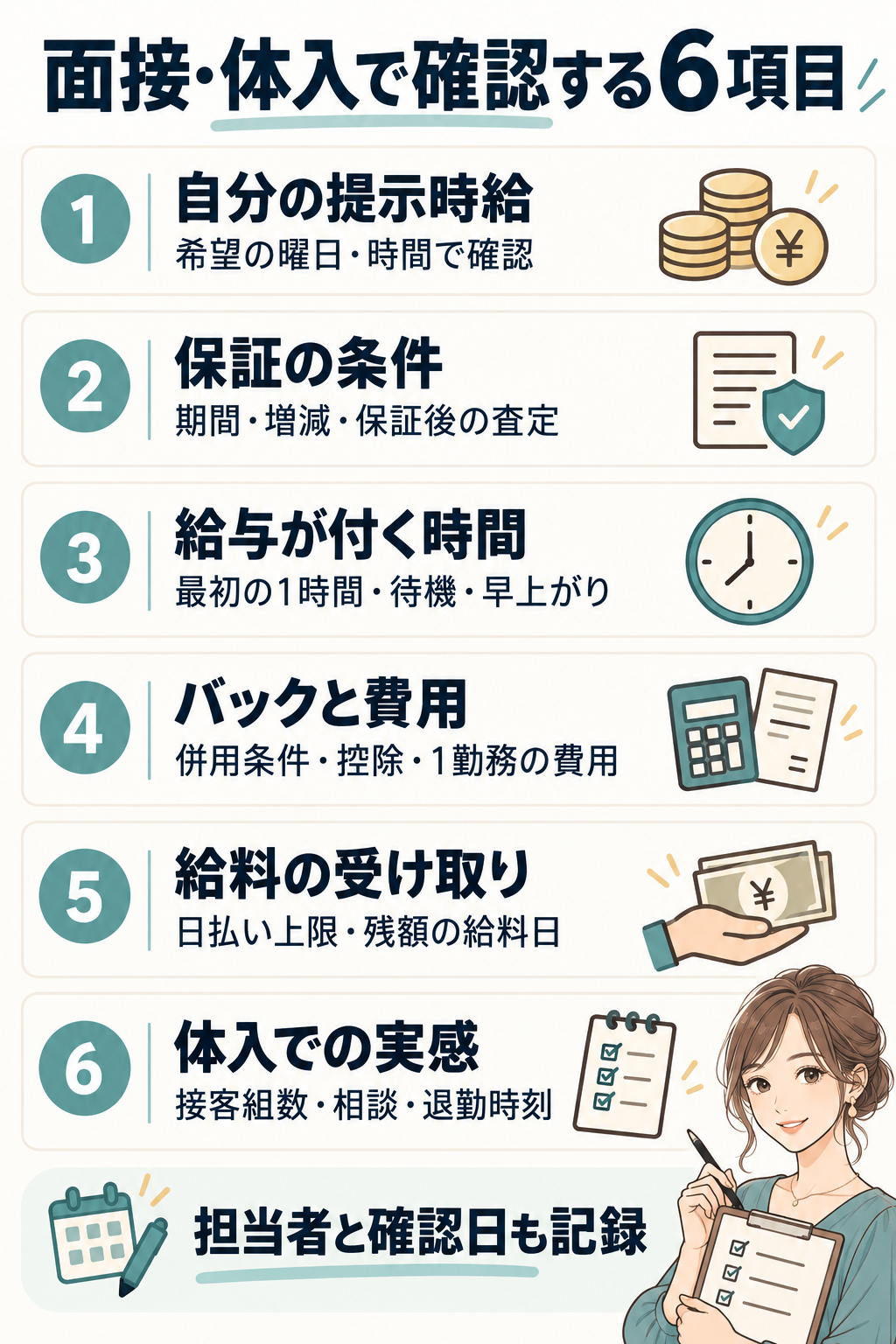 面接・体入で確認する6項目:提示時給、保証、給与対象時間、バックと費用、受取時期、体入の実感