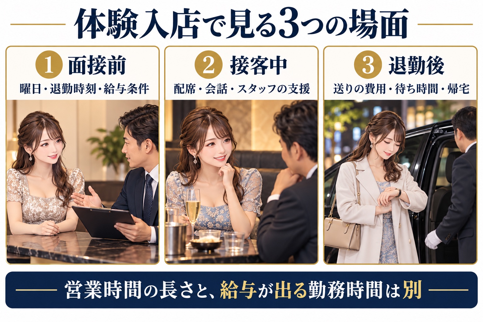 体験入店は面接前・接客中・退勤後の3場面で条件を確認する説明用イラスト