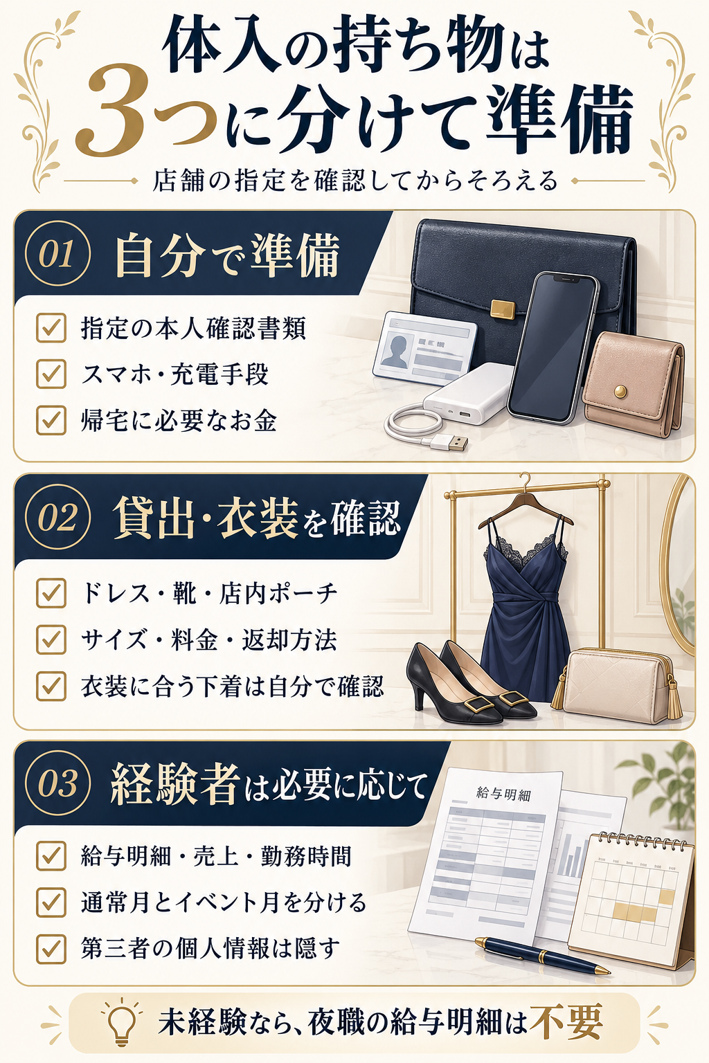 体入の持ち物を自分で準備する物・貸出と衣装・経験者の資料の3つに分けたチェックリスト