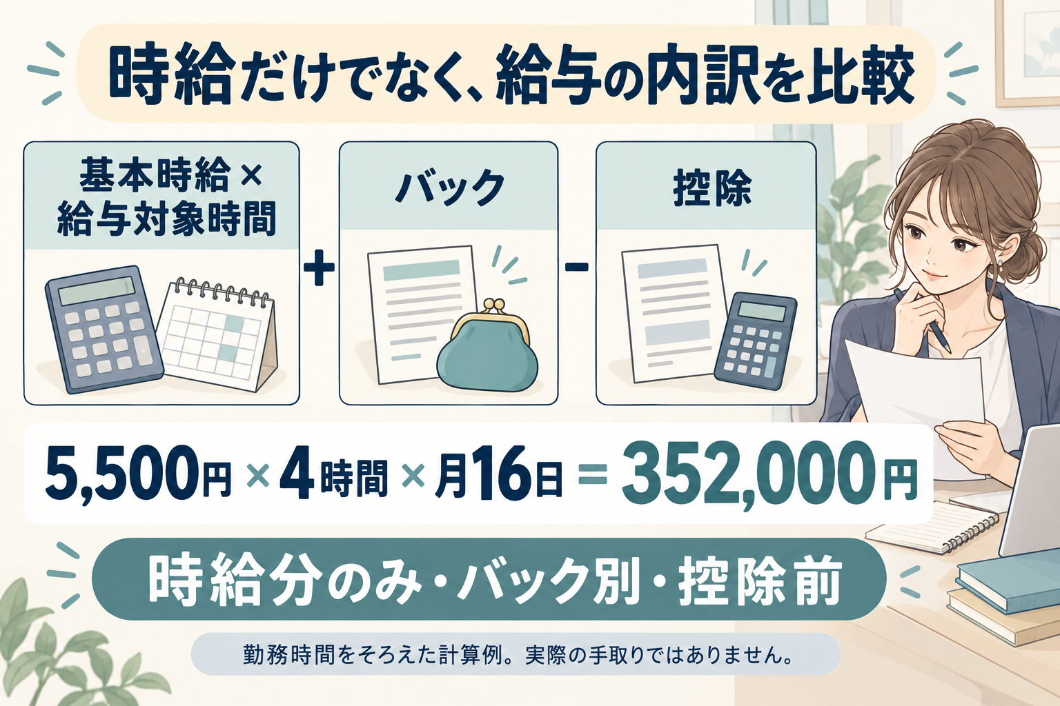 基本時給×給与対象時間にバックを足し控除を引く。5,500円×4時間×16日は時給分352,000円、バック別・控除前