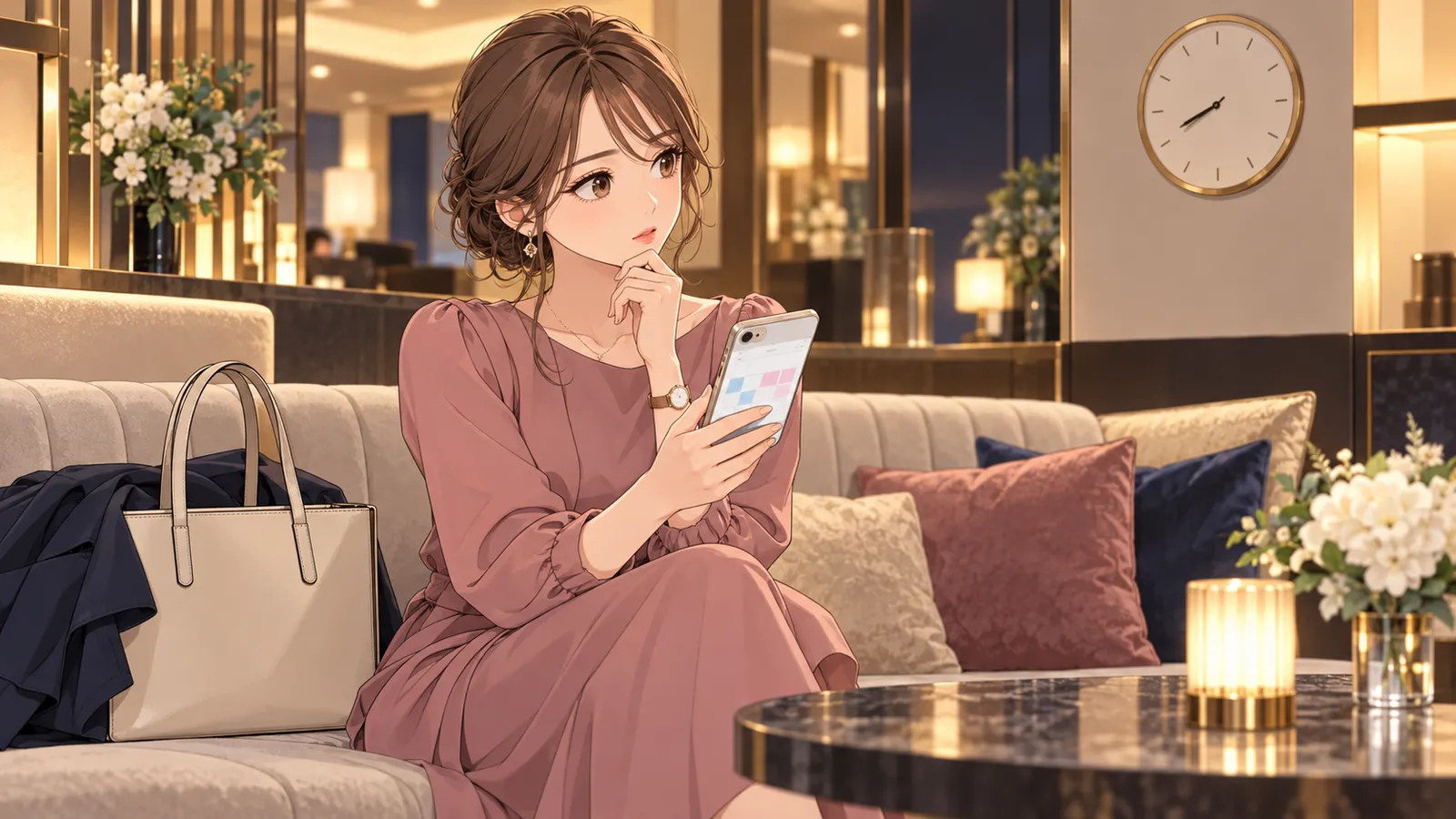 ラウンジ店内で予定を確認し、昼職と両立できる働き方や帰宅時間を考える成人女性の説明用イラスト