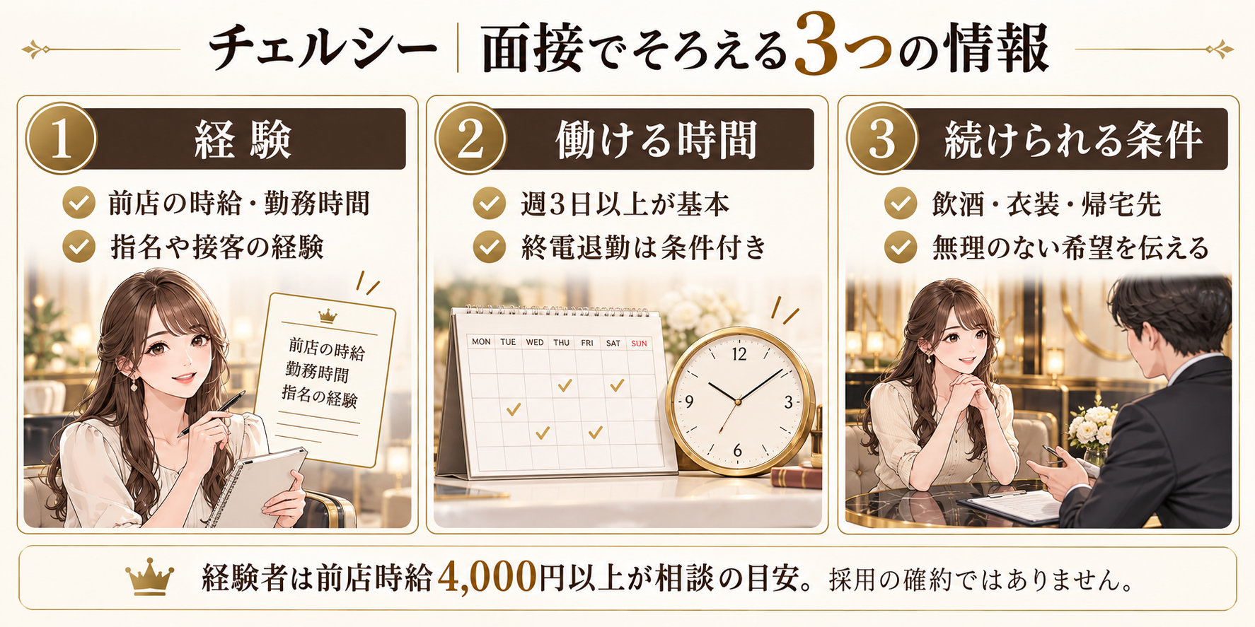 チェルシーの面接準備。経験、働ける時間、飲酒や帰宅など続けられる条件の3項目