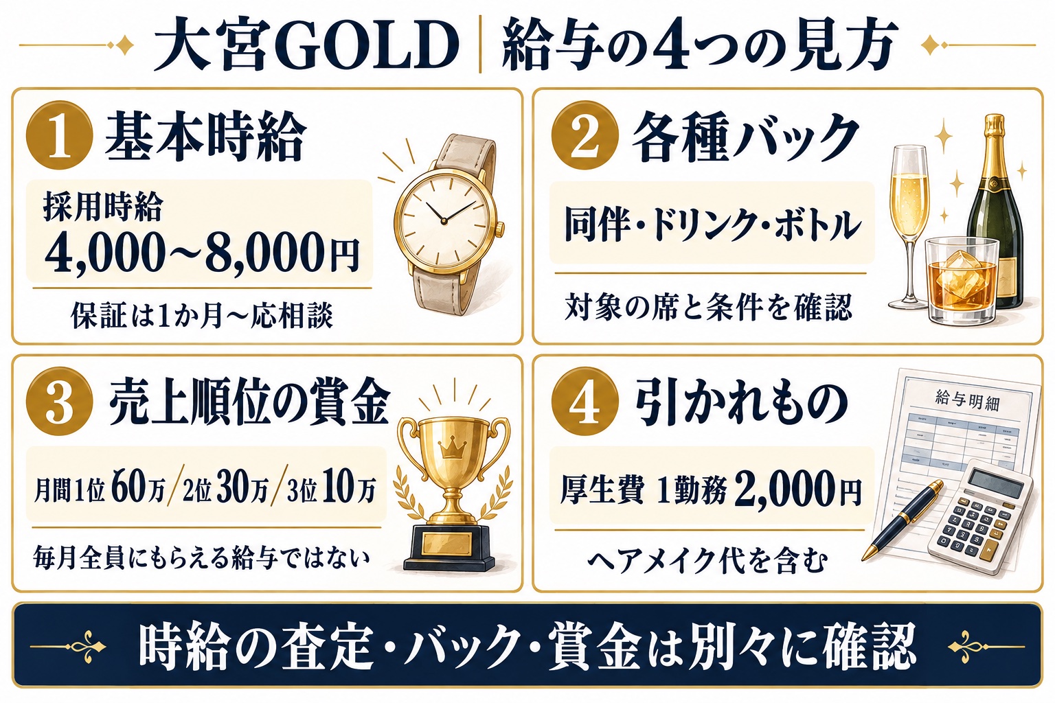 大宮ゴールドの採用時給4000〜8000円、保証、各種バック、売上順位賞金、厚生費の図解