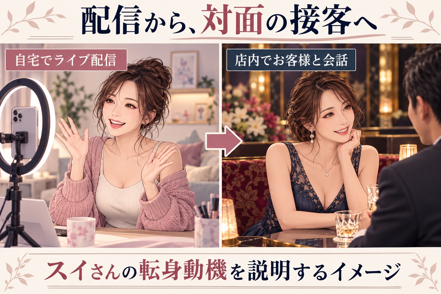 スイさんの転身動機を説明する、自宅でのライブ配信から店内接客への変化のイメージ