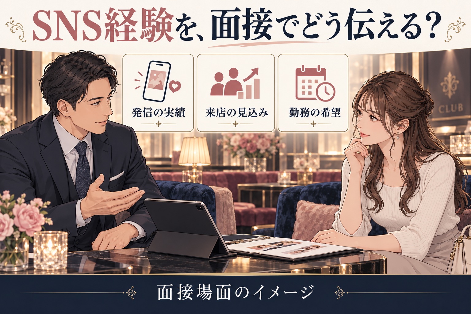 SNSの発信実績、来店見込み、勤務希望をマネージャーに伝える面接のイメージ