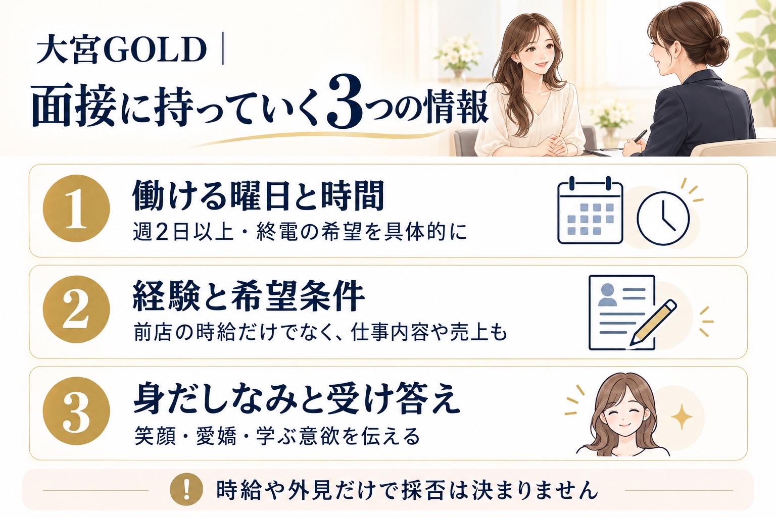 大宮ゴールドの面接で伝える勤務希望、経験、身だしなみと受け答えの3項目