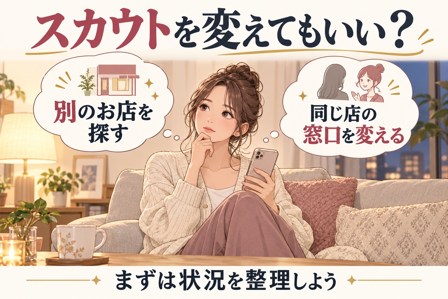 自宅でスカウト変更について悩み、別の店探しと同じ店の窓口変更を整理する女性のイメージ