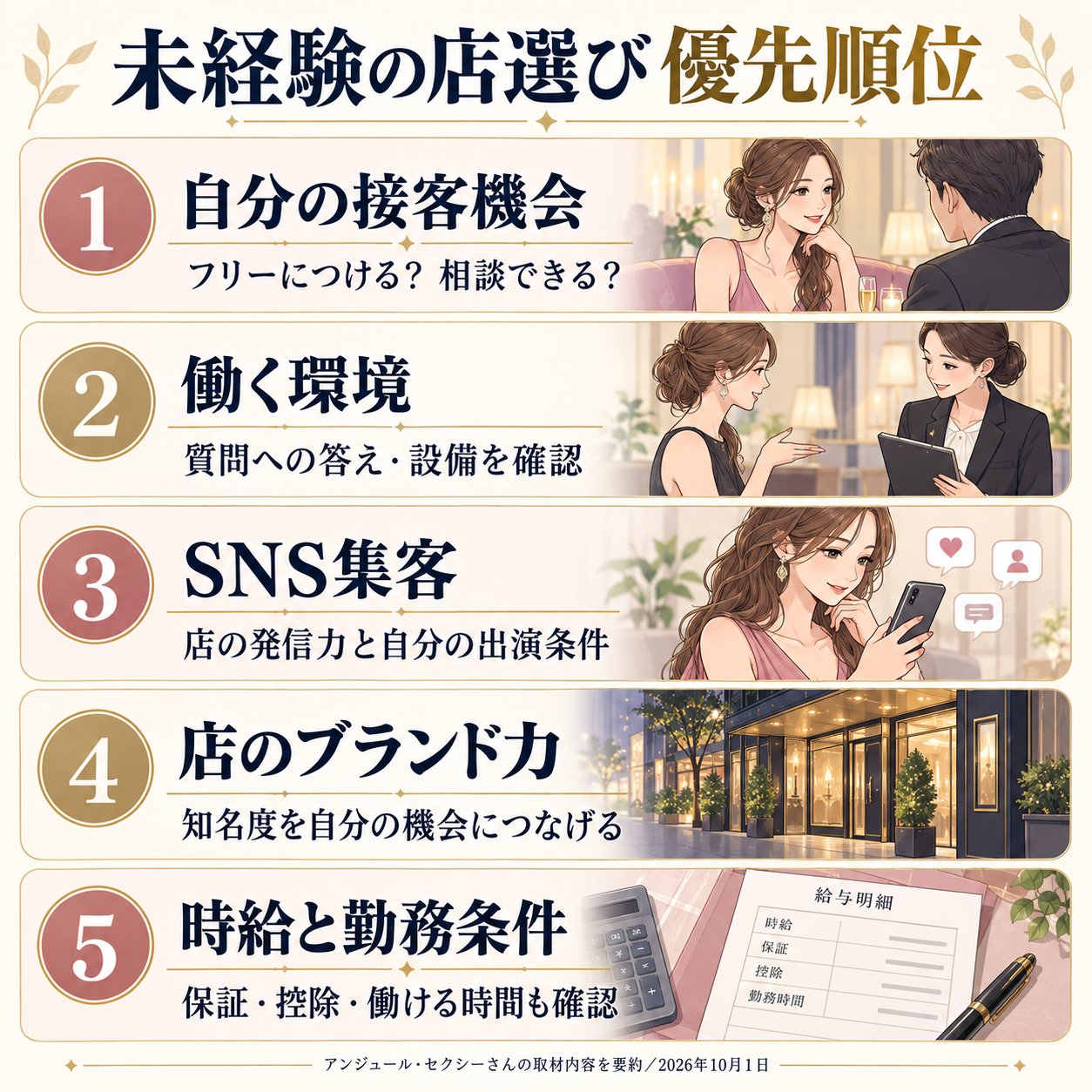 未経験の六本木キャバクラ選びの5優先順位：自分の接客機会、働く環境、SNS集客、店のブランド、時給と勤務条件