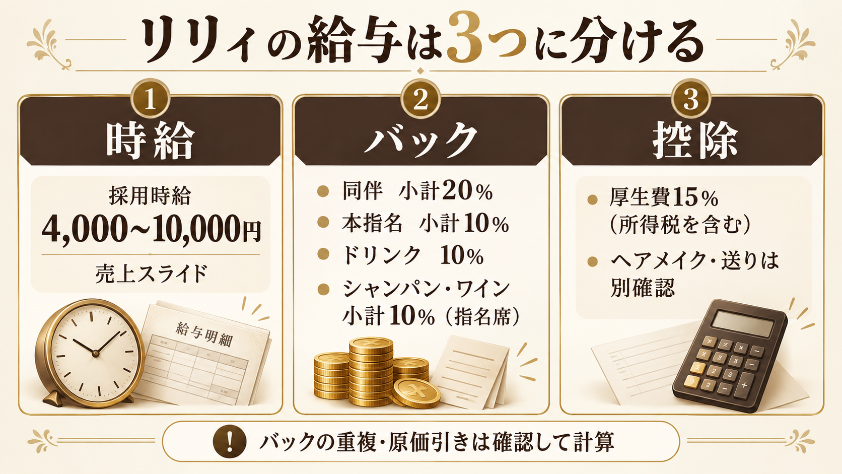 リリィの採用時給、同伴・本指名などのバック、厚生費と実費を分けた給与図解